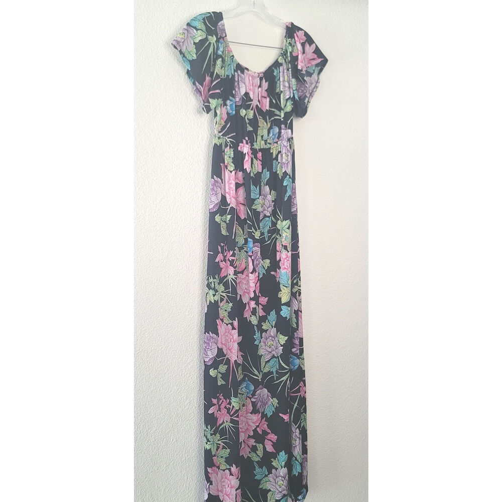 USA made Paper Tag Black Floral Print Smocked Maxi Dress Bohemian Garden Large